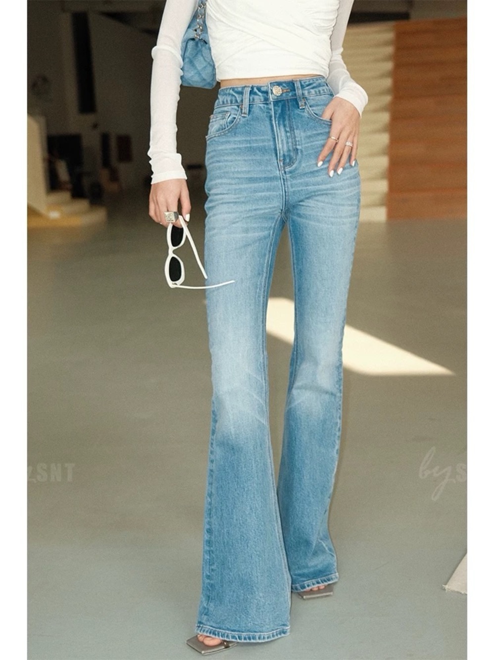 High-Rise Light Blue Flare Jeans for Women
